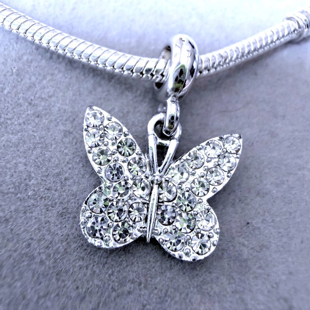 Silver Pave Crystal Butterfly Dangle Charm fits PANDORA